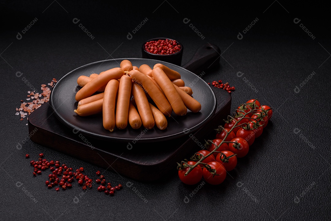 Deliciosas salsichas vegetarianas ou veganas com sal, especiarias e ervas sobre um fundo escuro de concreto