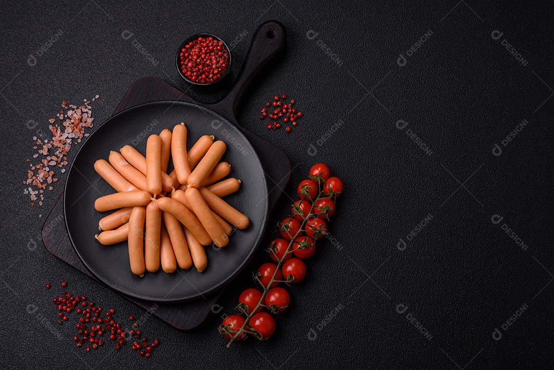 Deliciosas salsichas vegetarianas ou veganas com sal, especiarias e ervas sobre um fundo escuro de concreto