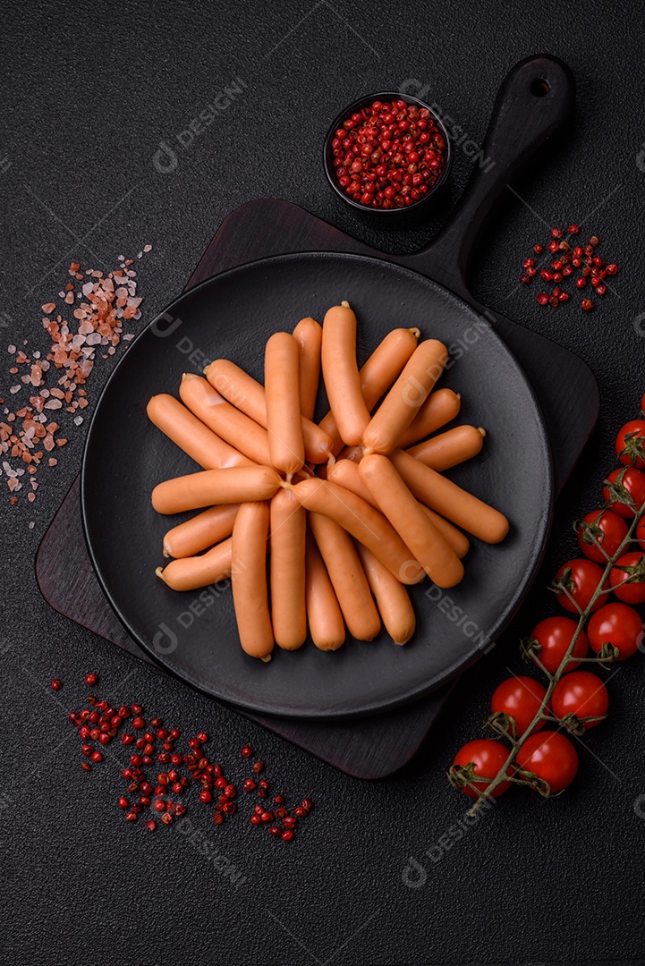 Deliciosas salsichas vegetarianas ou veganas com sal, especiarias e ervas sobre um fundo escuro de concreto