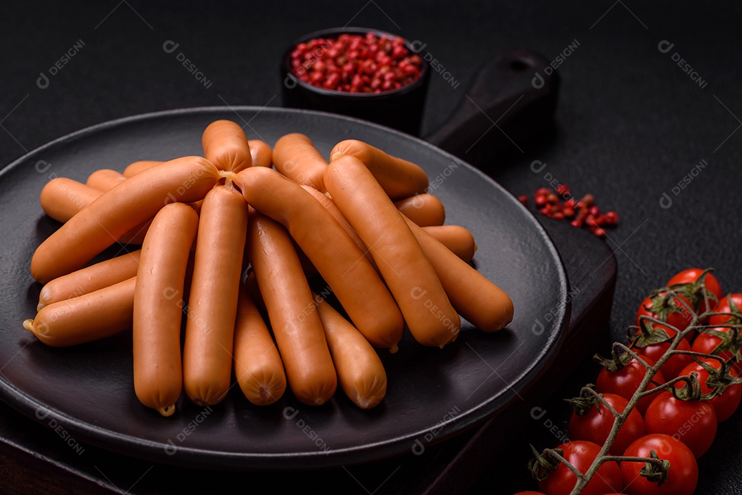 Deliciosas salsichas vegetarianas ou veganas com sal, especiarias e ervas sobre um fundo escuro de concreto