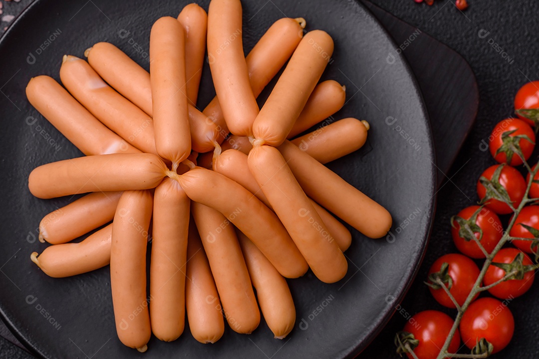 Deliciosas salsichas vegetarianas ou veganas com sal, especiarias e ervas sobre um fundo escuro de concreto