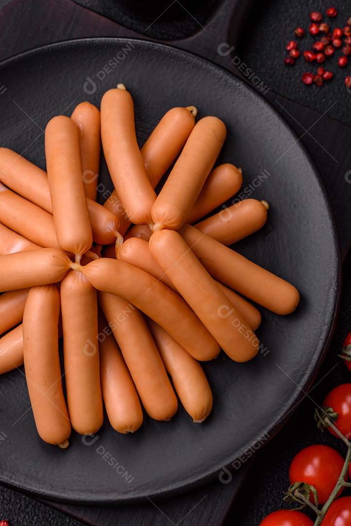 Deliciosas salsichas vegetarianas ou veganas com sal, especiarias e ervas sobre um fundo escuro de concreto