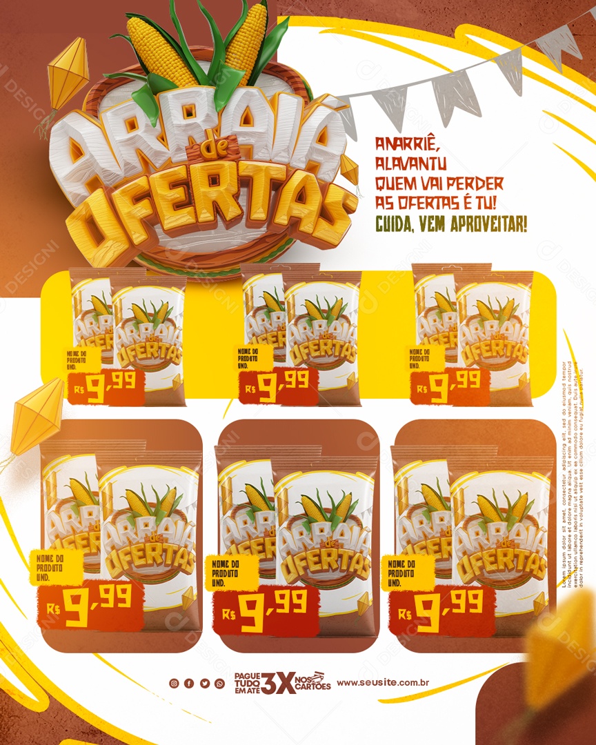 Arraiá de Ofertas Cuida vem Aproveitar Social Media PSD Editável