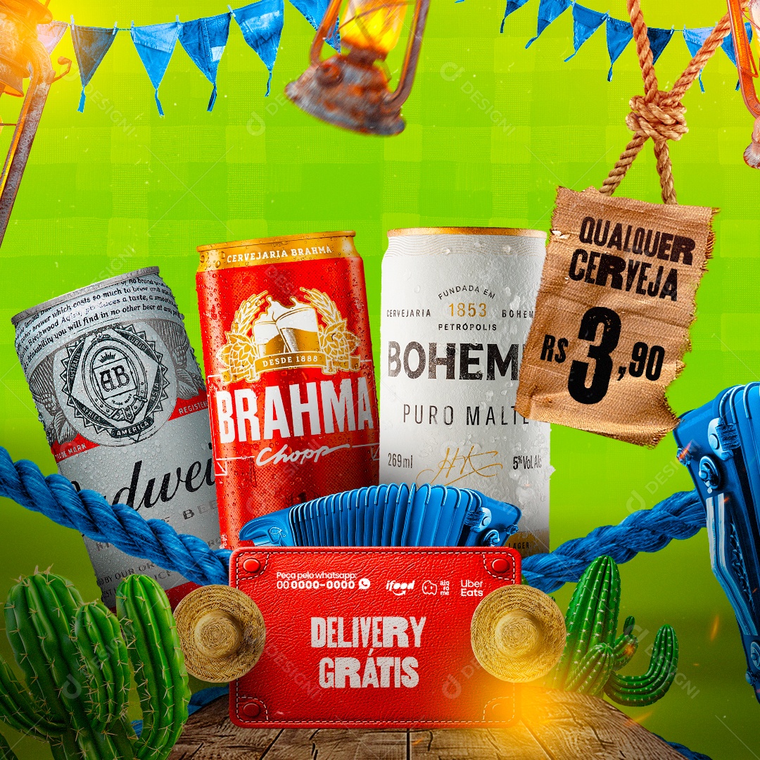 Qualquer Cerveja por 3,90 Delivery Grátis Social Media PSD Editável