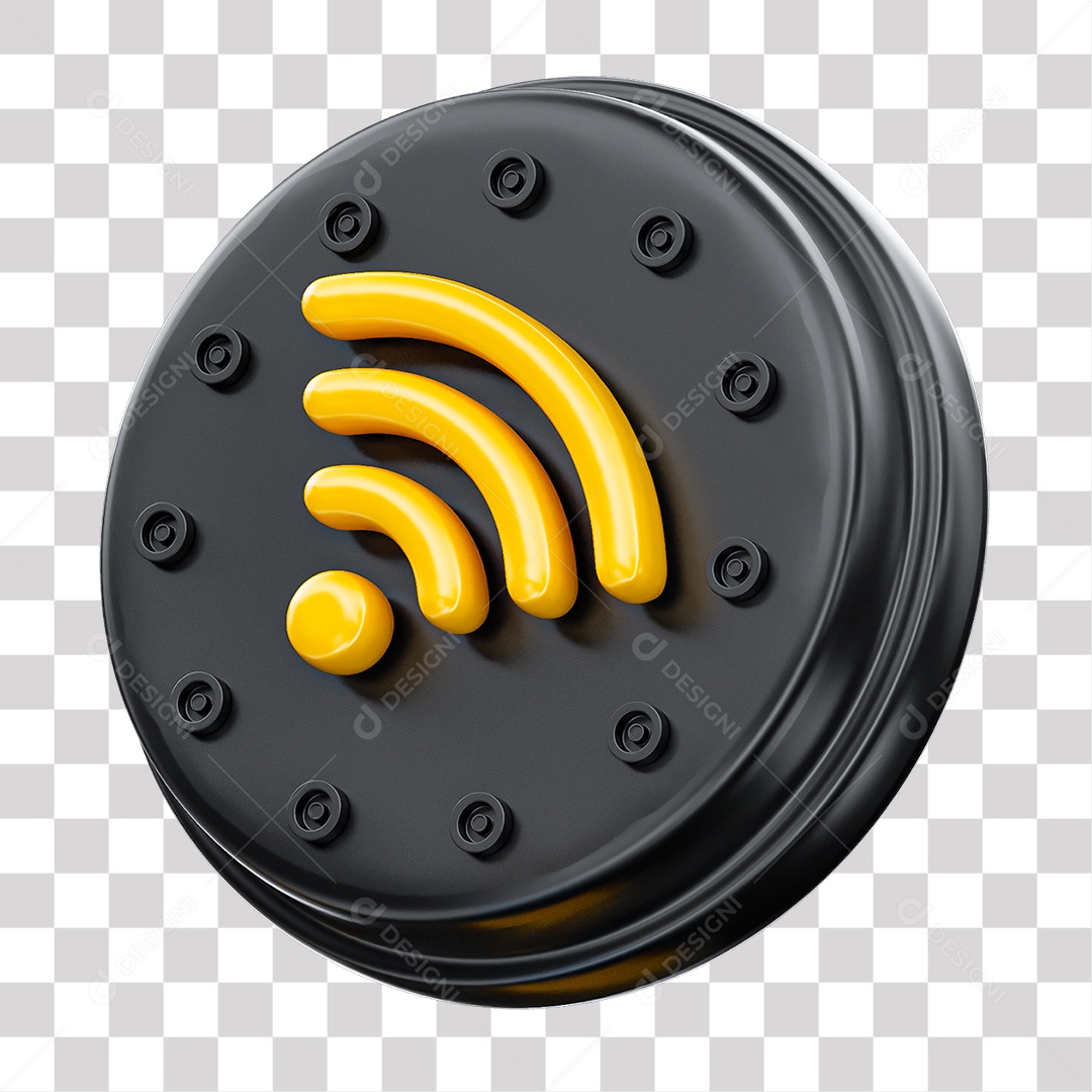 Ícone de Wi-fi Elemento 3D Preto e Amarelo para Composição PNG Transparente
