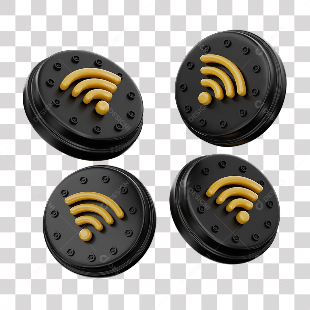 Ícones de Wifi 3D Elemento Preto e Amarelo para Composição PNG Transparente
