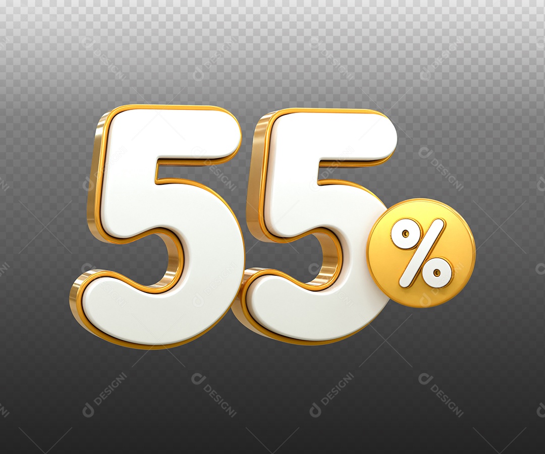 Número 55% Desconto Elemento 3D Dourado Branco para Composição PSD