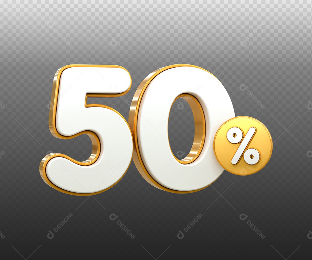 Número 50% Desconto Elemento 3D Dourado Branco para Composição PSD