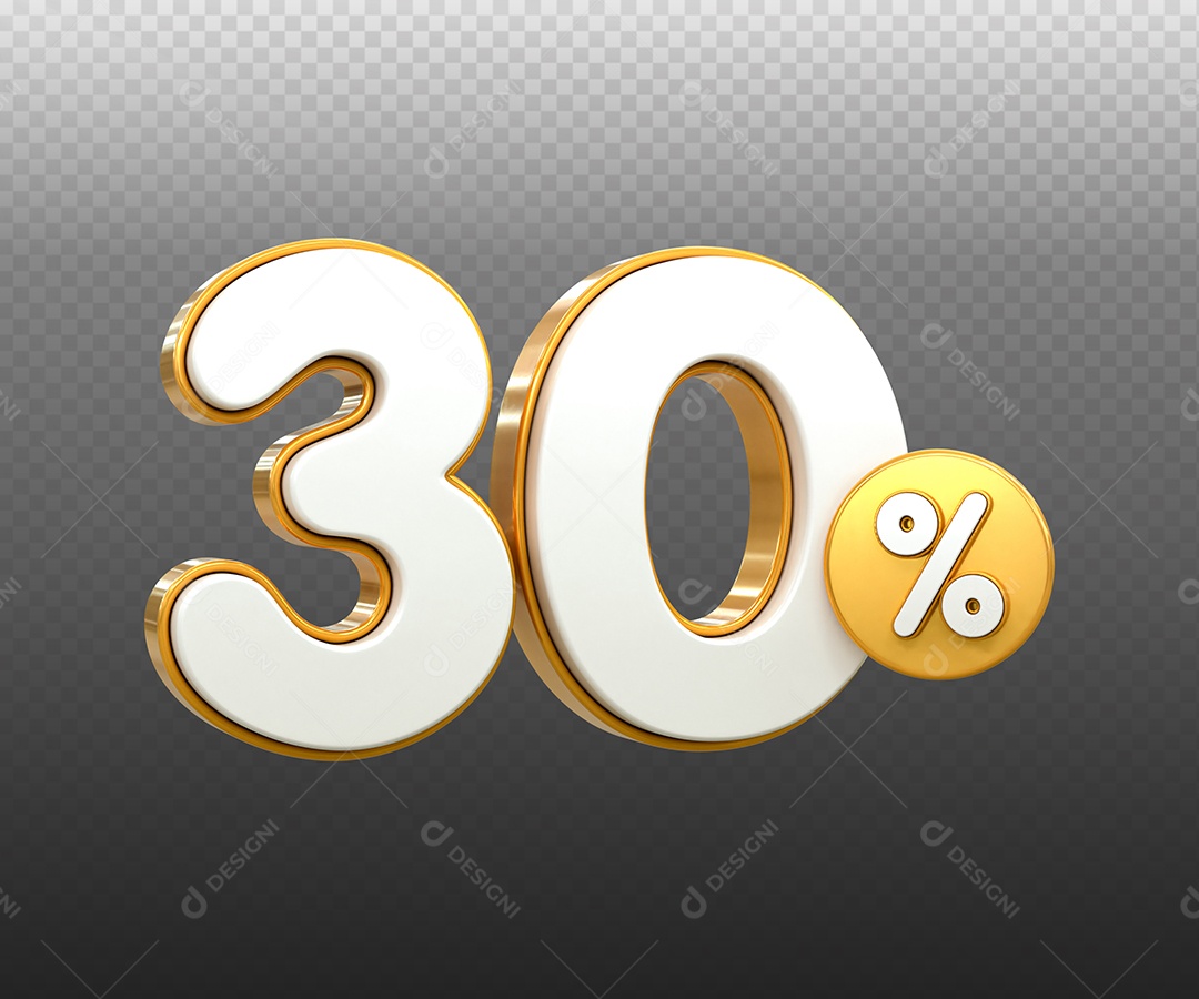 Número 30% Desconto Elemento 3D Dourado Branco para Composição PSD