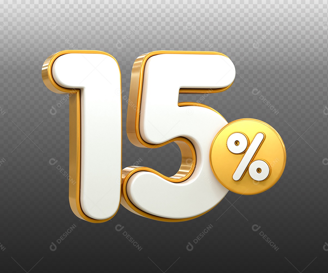 Número 15% Desconto Elemento 3D Dourado Branco para Composição PSD