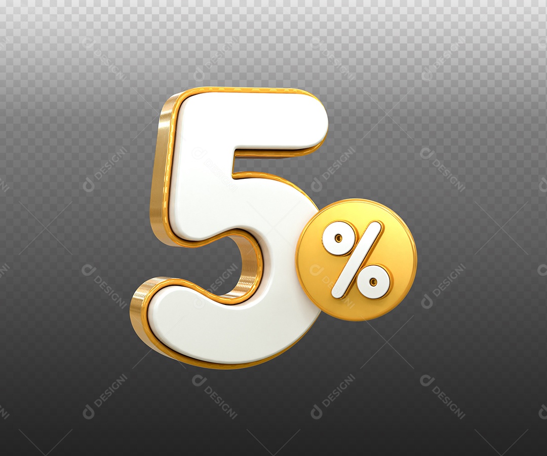Número 5% Desconto Elemento 3D Dourado e Branco para Coposição PSD