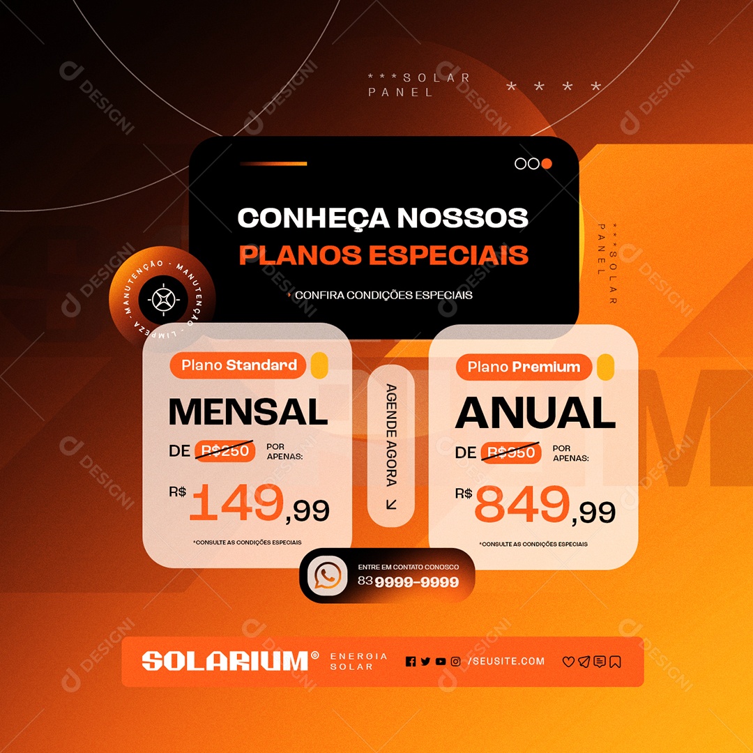 Energia Solar Conheça Nossos Planos Especiais Mensal Anual Social Media PSD Editável