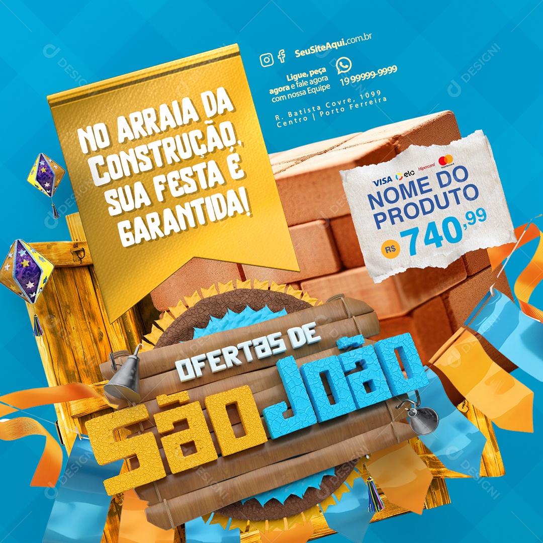Ofertas de São João Construção Festa é Garantida Social Media PSD Editável