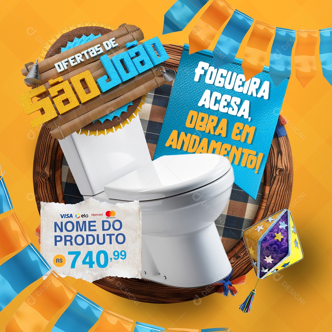 Ofertas de São João Construção Vaso Fogueira Social Media PSD Editável