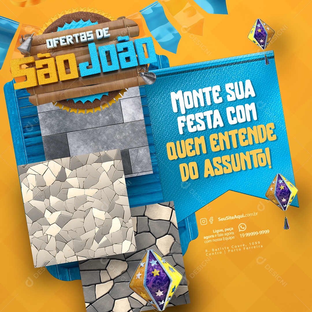 Ofertas de São João Construção Monte sua Festa Piso Social Media PSD Editável