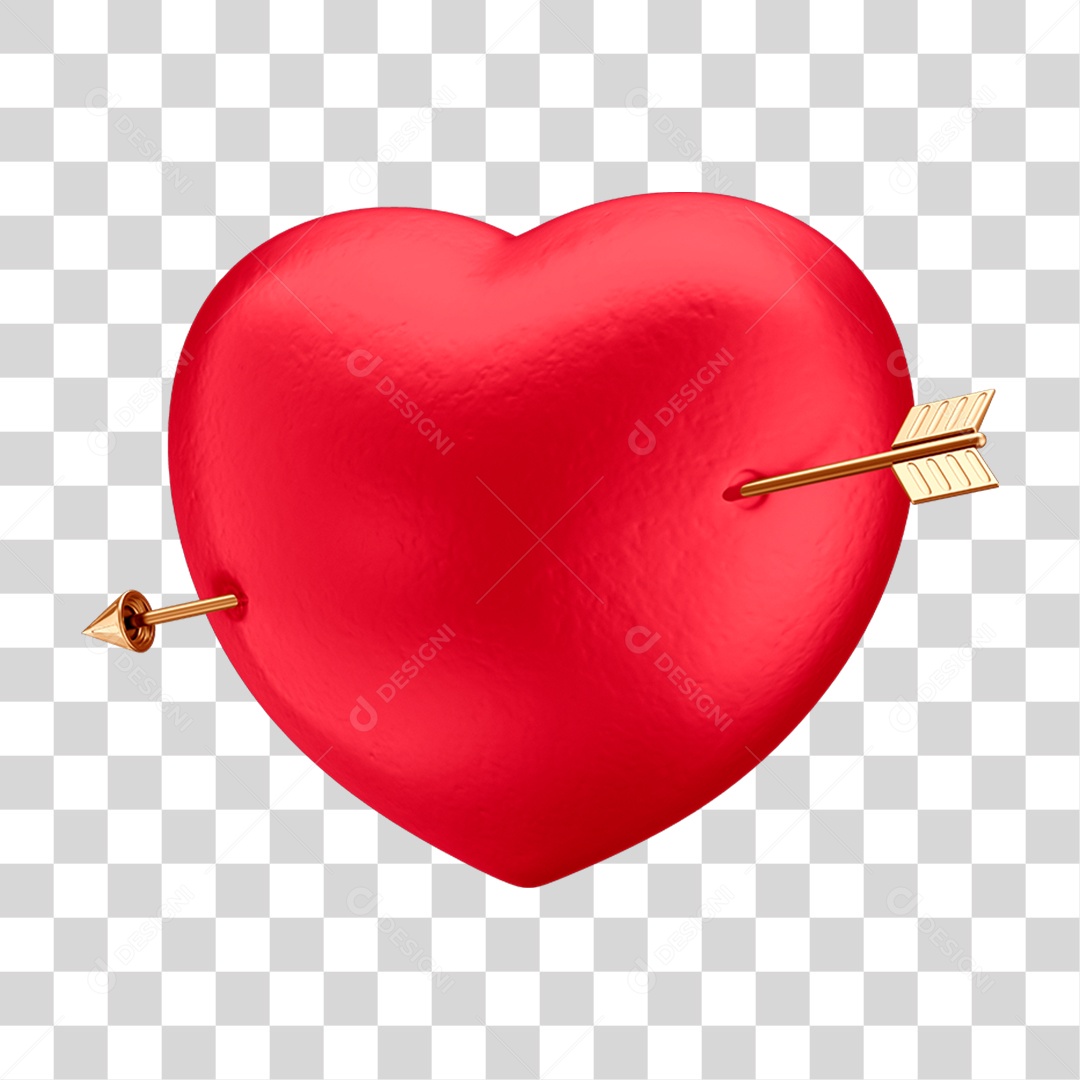 Asset 3D - Dia dos Namorados - Coração Vermelho Com Flecha Dourada Fundo Transparente
