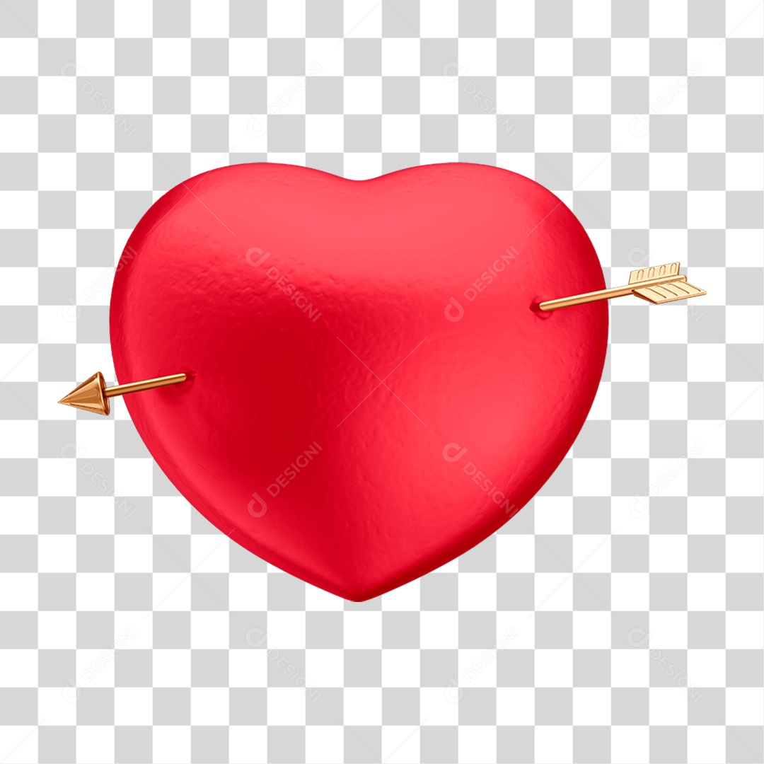 Asset 3D - Dia dos Namorados - Coração Vermelho Com Flecha Dourada Fundo Transparente