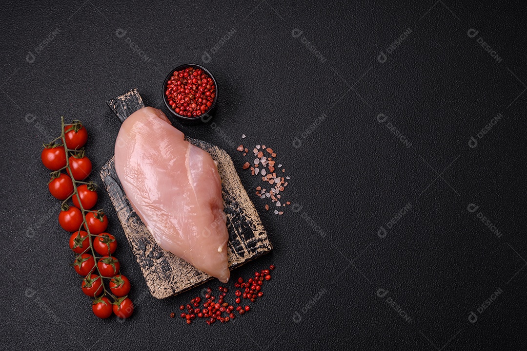 Filé de frango cru com sal, especiarias e ervas sobre um fundo escuro de concreto