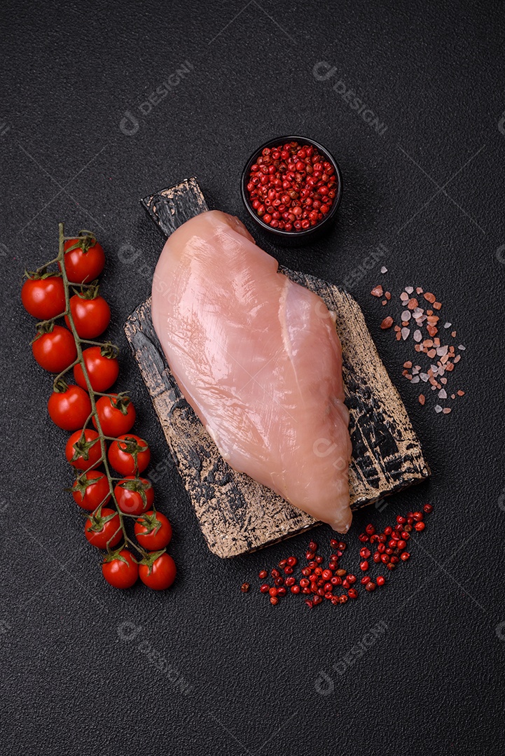 Filé de frango cru com sal, especiarias e ervas sobre um fundo escuro de concreto