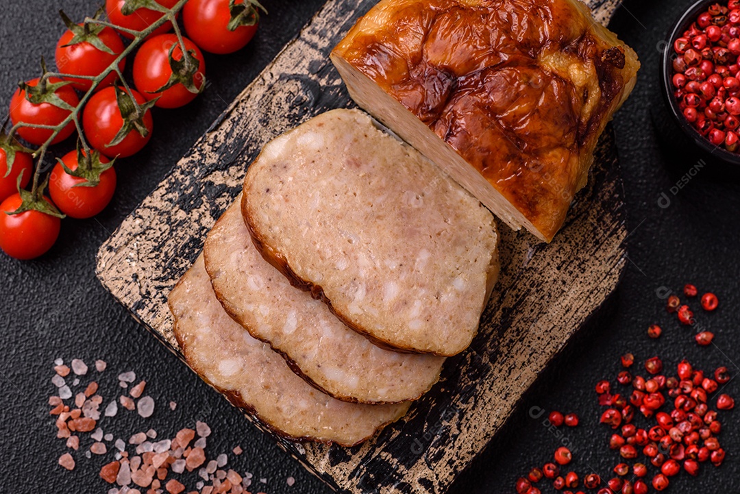 Rolo delicioso ou linguiça de frango picada caseira com sal, especiarias e ervas sobre um fundo escuro de concreto