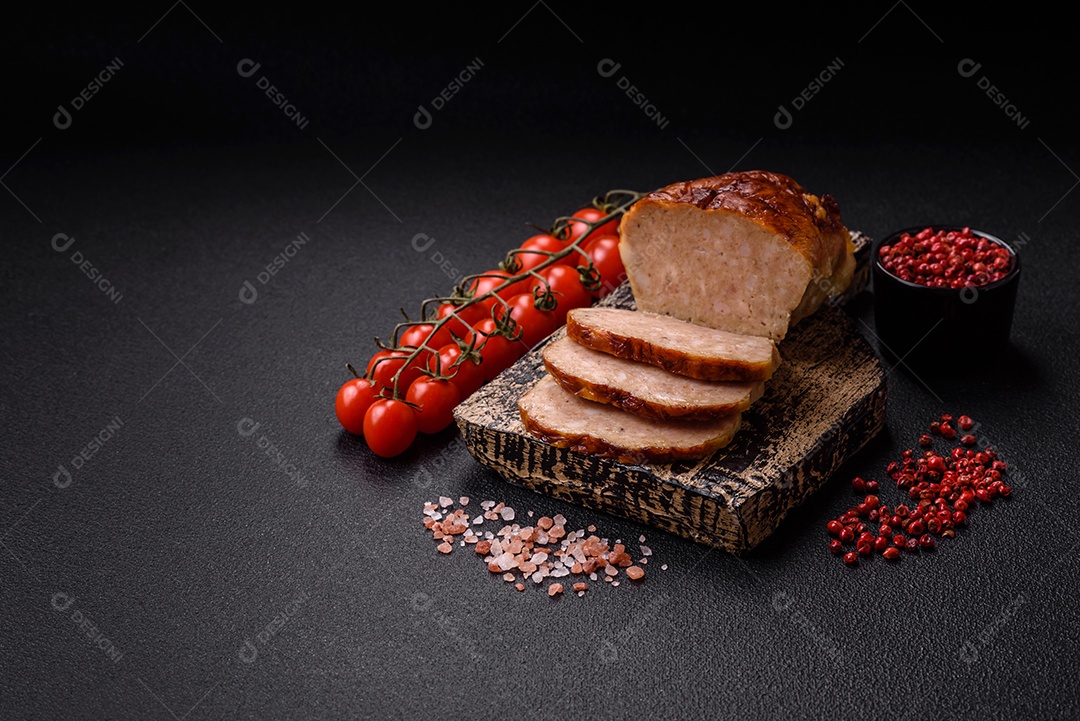 Rolo delicioso ou linguiça de frango picada caseira com sal, especiarias e ervas sobre um fundo escuro de concreto