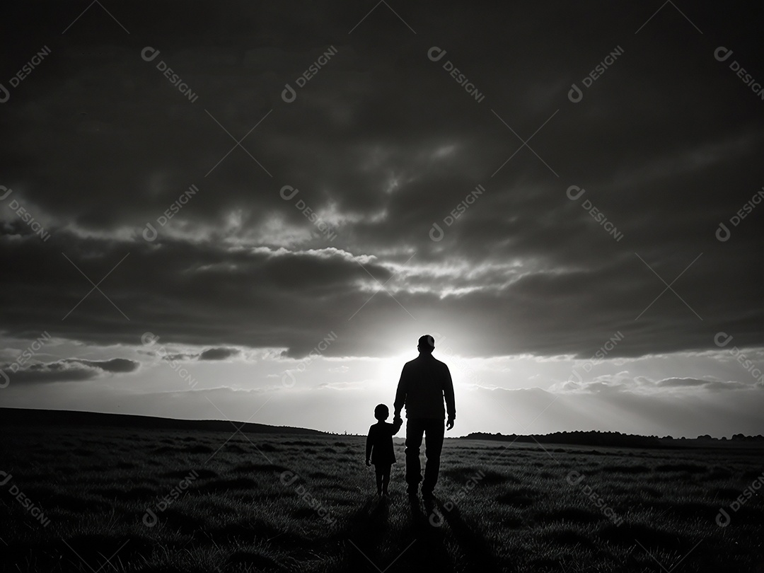 Silhueta de pai e filho andando no campo