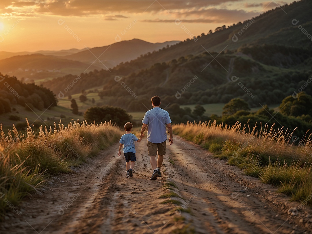 Pai e filho caminhando ao pôr do sol no campo