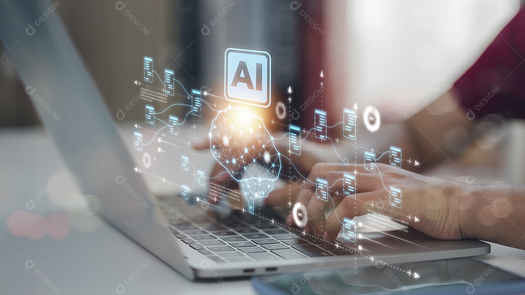 Pessoa usando computador IA para ajudar os negócios