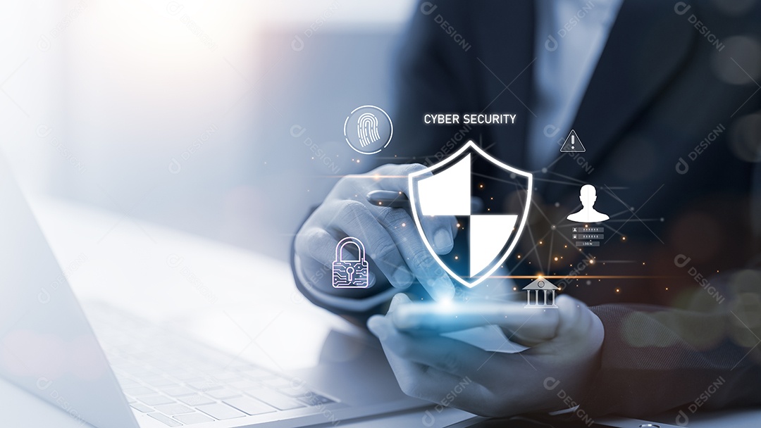 O escudo é cercado por vários ícones e símbolos, incluindo uma caneta