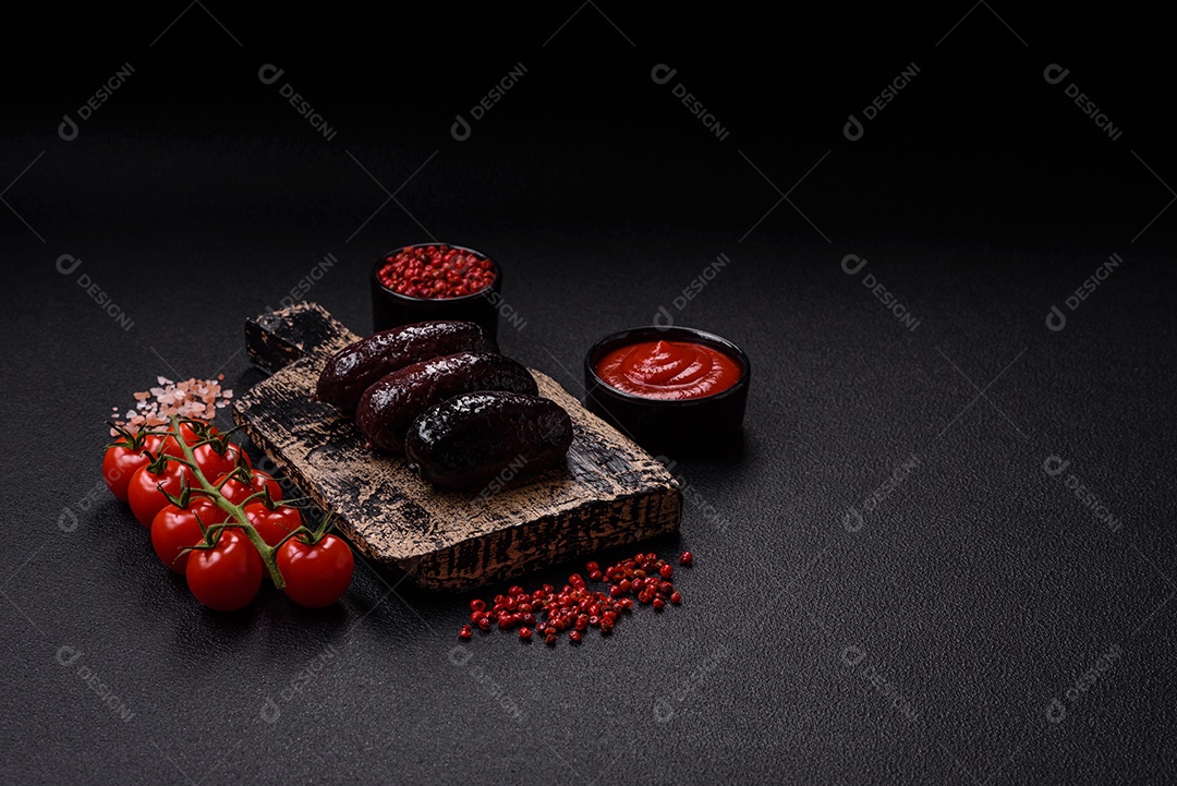 Delicioso chouriço preto ou morcela com especiarias e ervas grelhadas sobre fundo de concreto preto