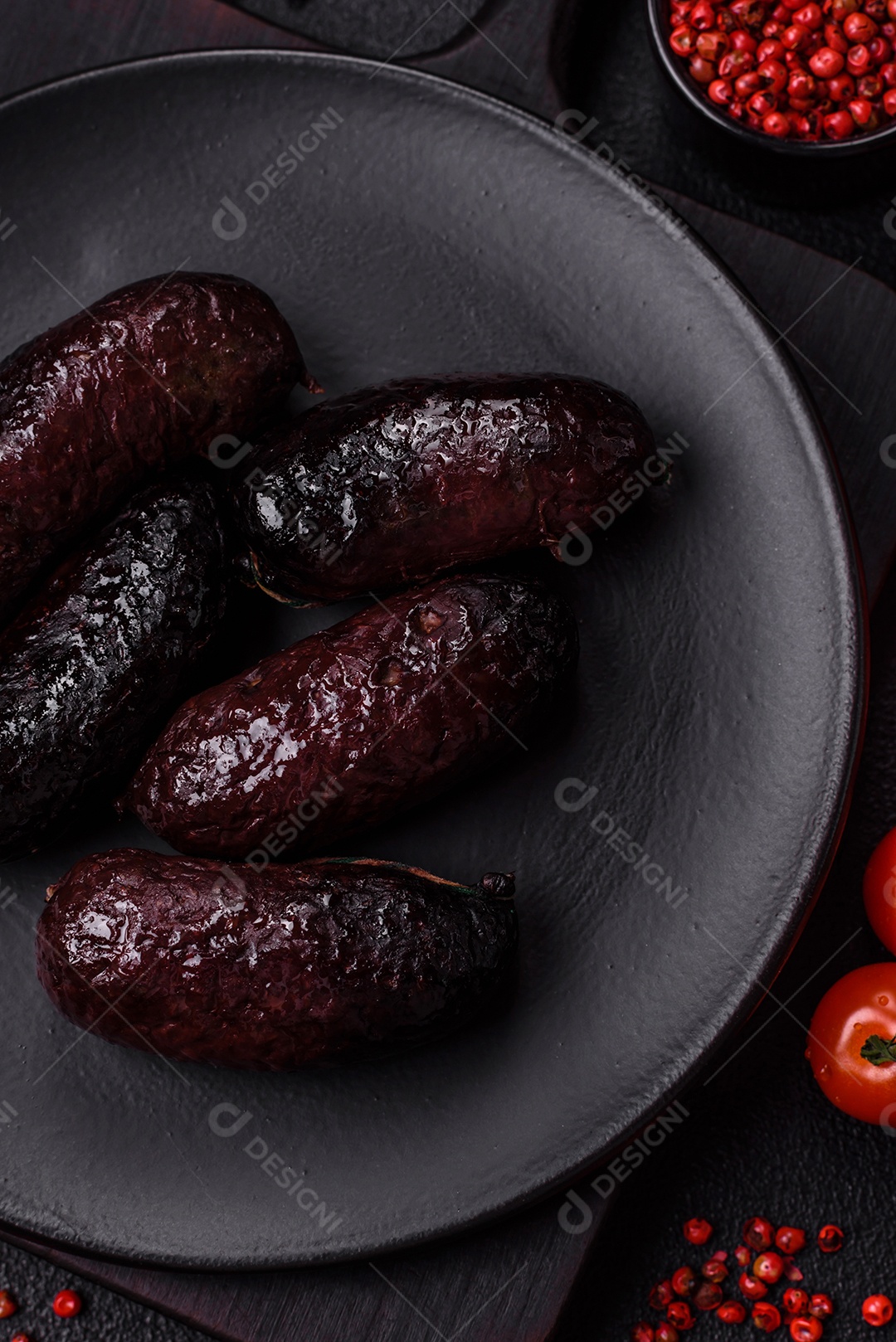 Delicioso chouriço preto ou morcela com especiarias e ervas grelhadas sobre fundo de concreto preto