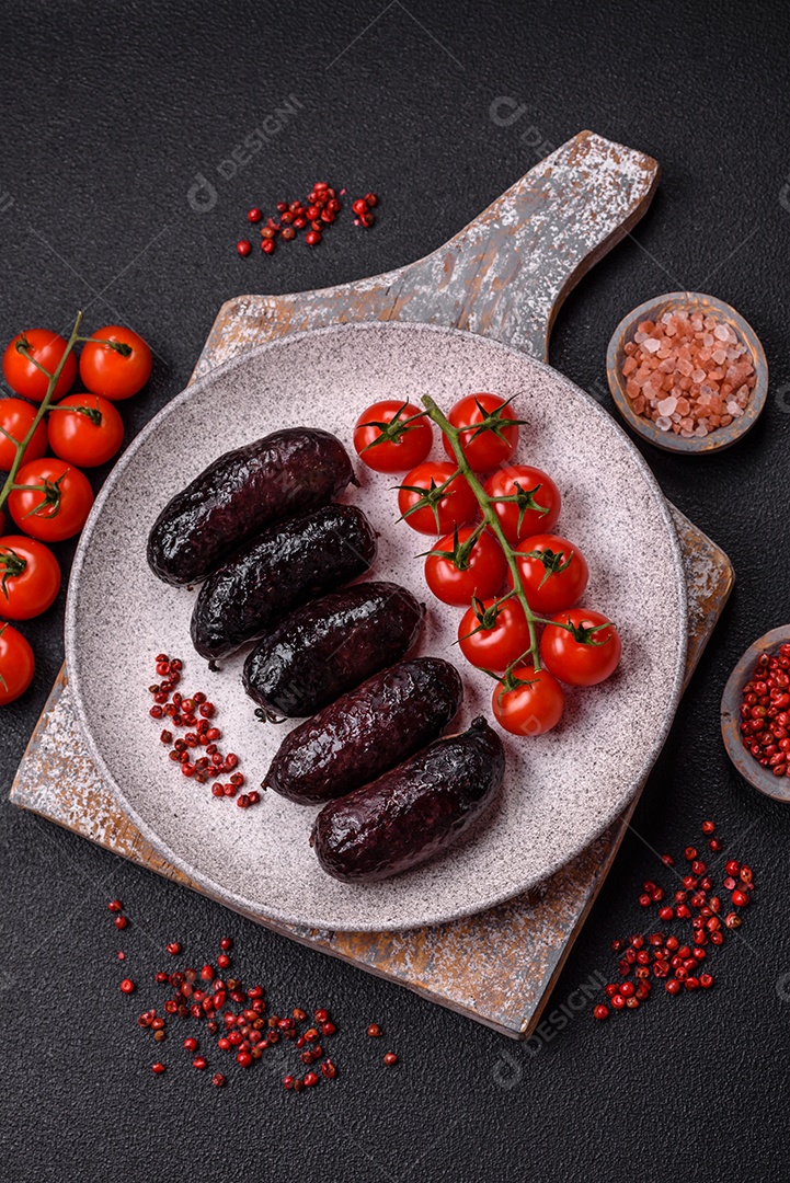 Delicioso chouriço preto ou morcela com especiarias e ervas grelhadas sobre fundo de concreto preto
