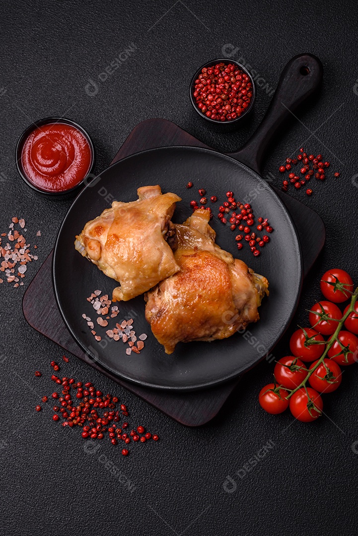 Deliciosas costelas grelhadas suculentas com mel e molho de mostarda com sal, especiarias e ervas sobre um fundo escuro de concreto