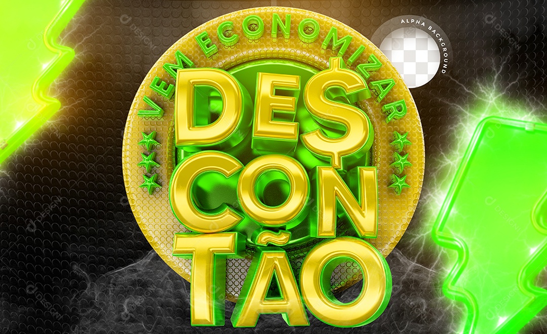 Vem Economizar Descontão Selo 3D Dourado e Verde para Composição PSD