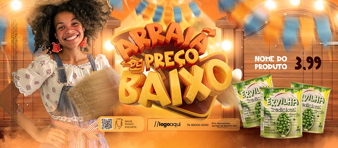 Banner Arraiá de Preço Baixo Supermercado Ervilha Social Media PSD Editável