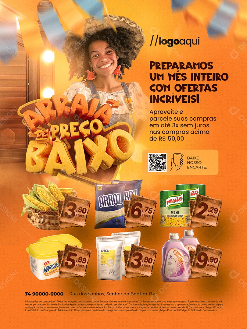 Arraiá de Preço Baixo Supermercado Encarte Milho Verde Arroz Social Media PSD Editável
