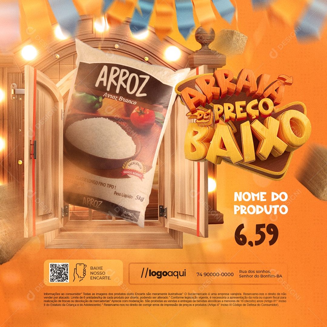 Arraiá de Preço Baixo Supermercado Arroz Social Media PSD Editável