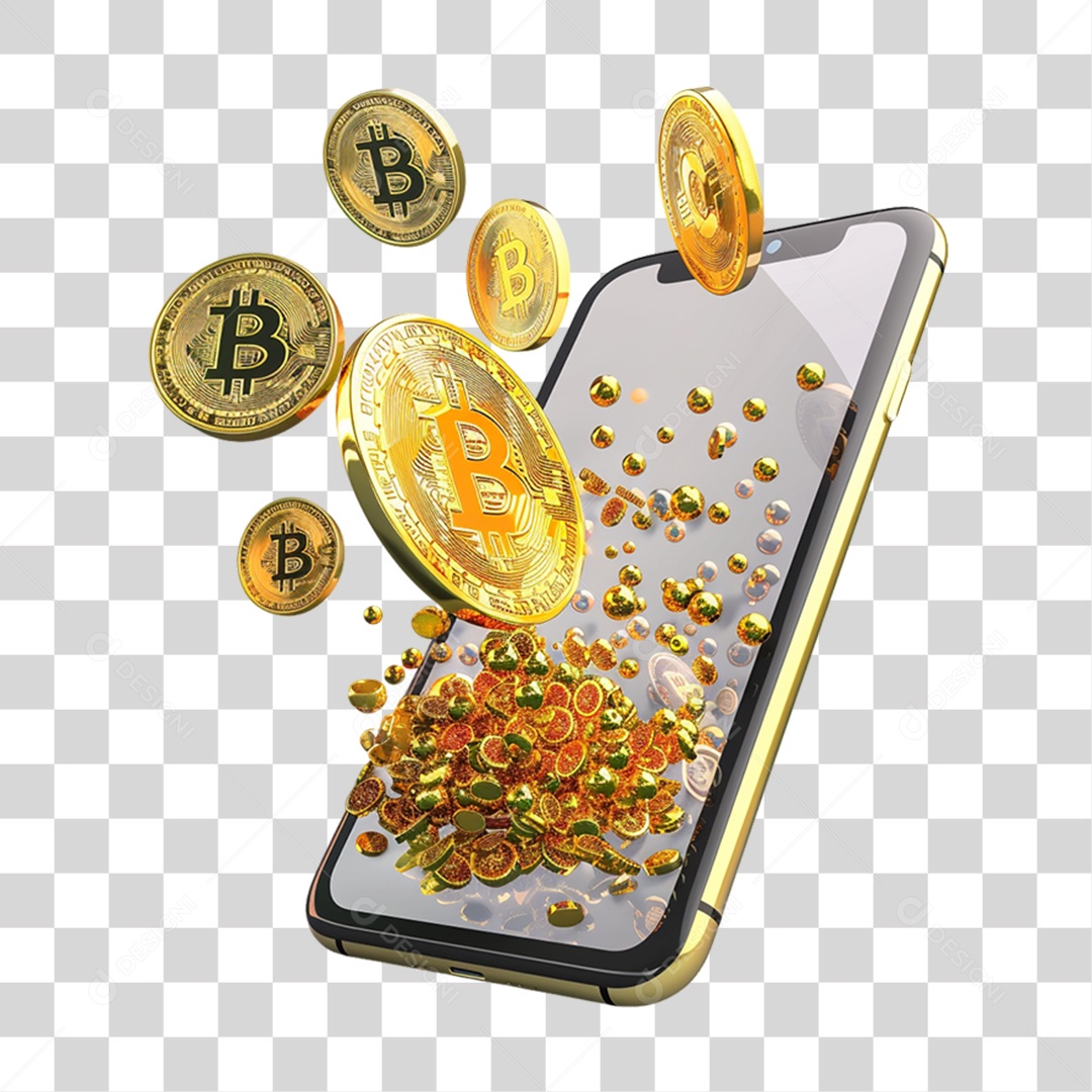 Celular com Moeda Digital Bitcoin PNG Transparente