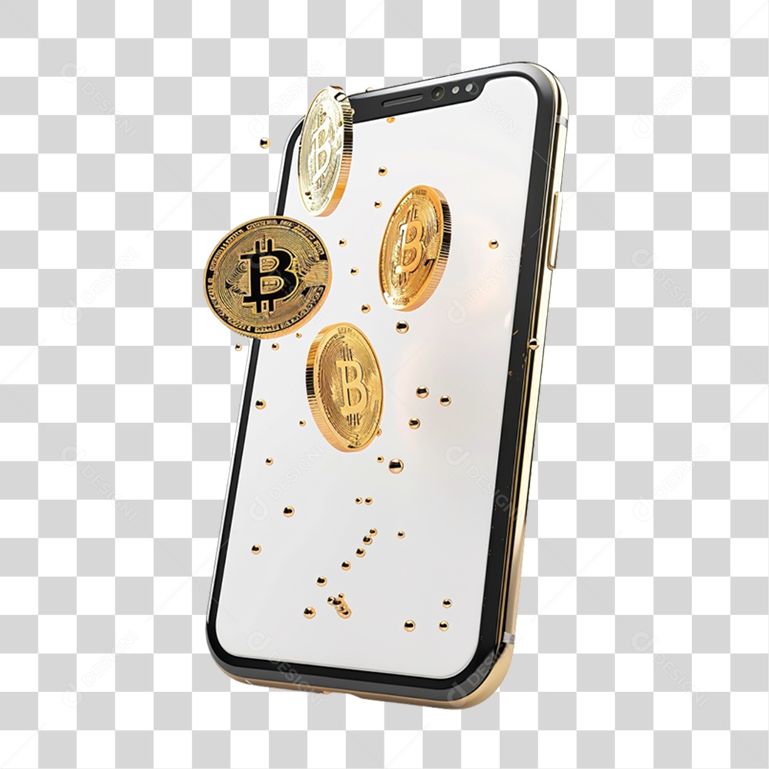 Celular com Moeda Digital Bitcoin PNG Transparente
