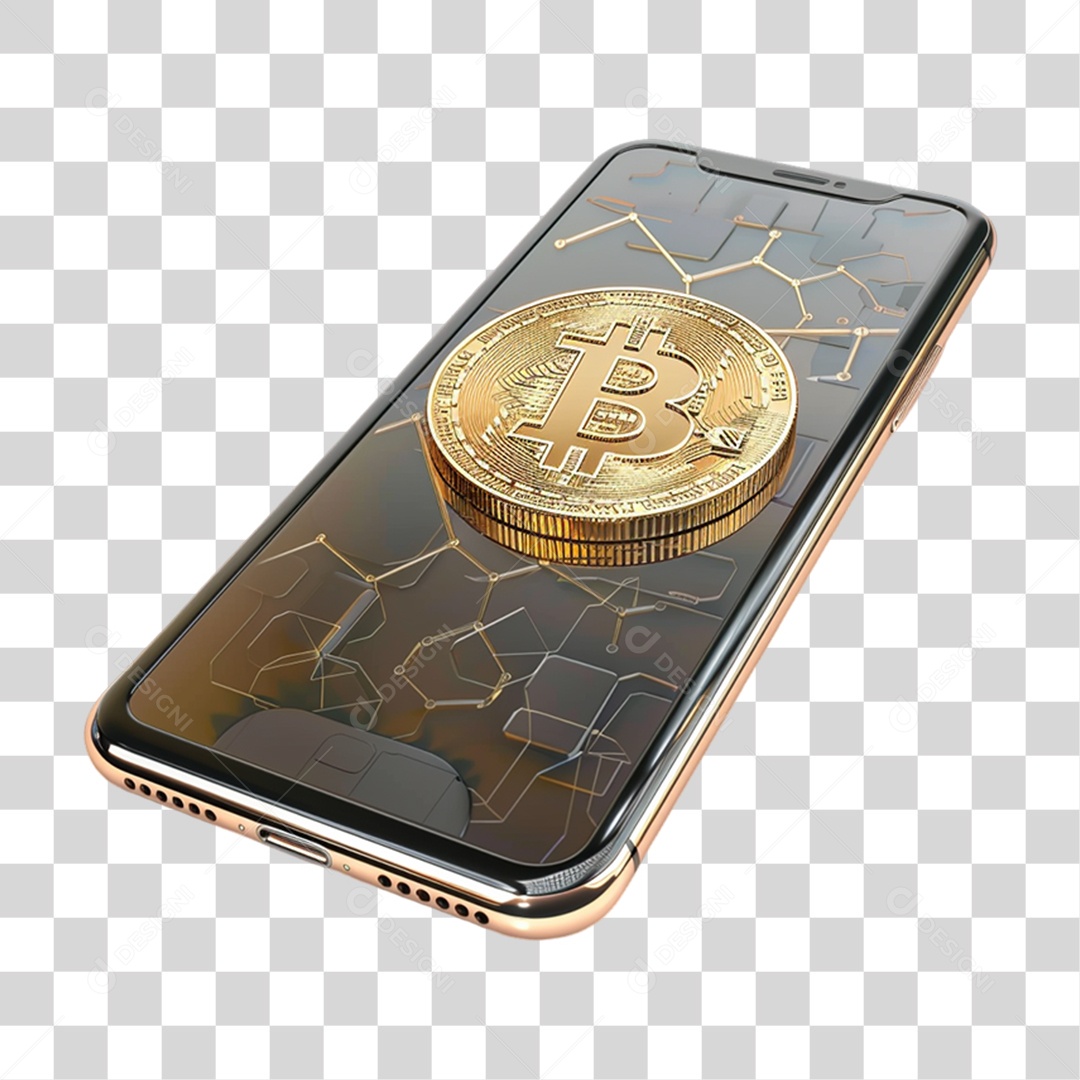 Celular com Moeda Digital Bitcoin PNG Transparente