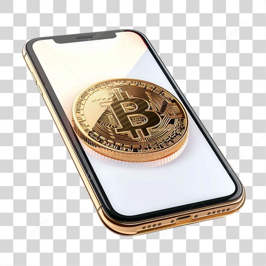 Celular com Moeda Digital Bitcoin PNG Transparente