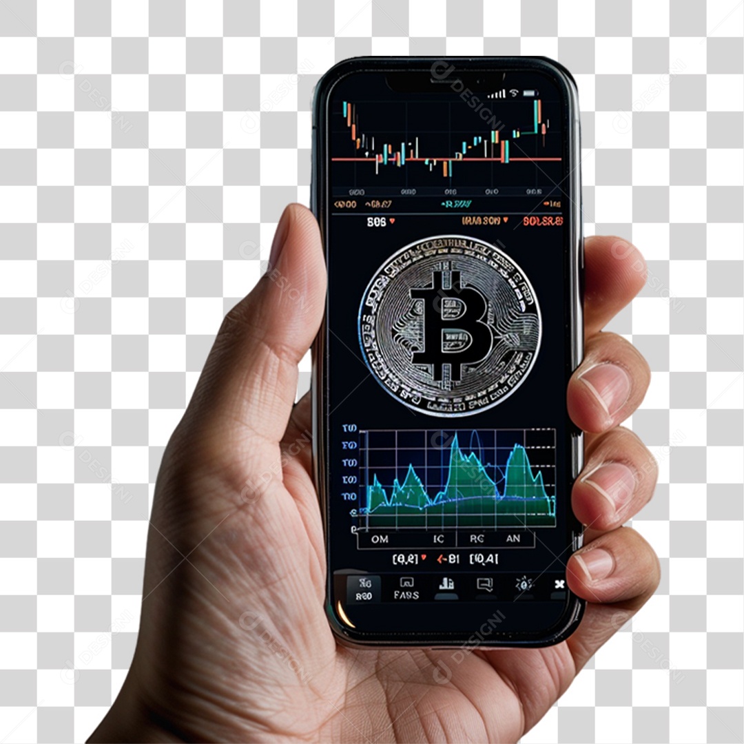 Mão com Celular com Gráficos PNG Transparente