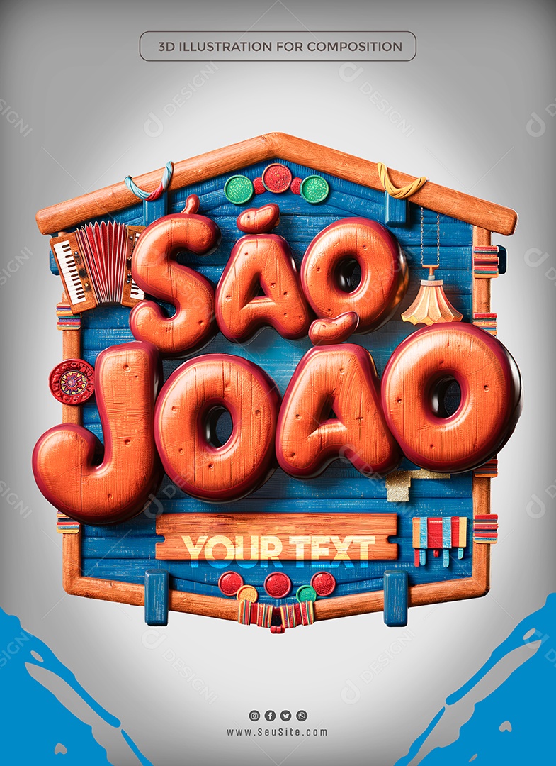 São João Selo 3D Laranja para Composição PSD