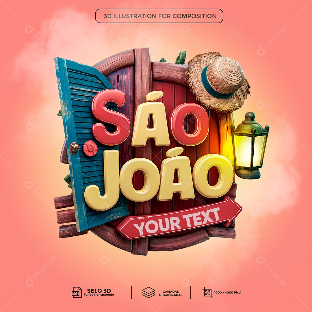 São João Selo 3D Vermelho e Amarelo para Composição PSD