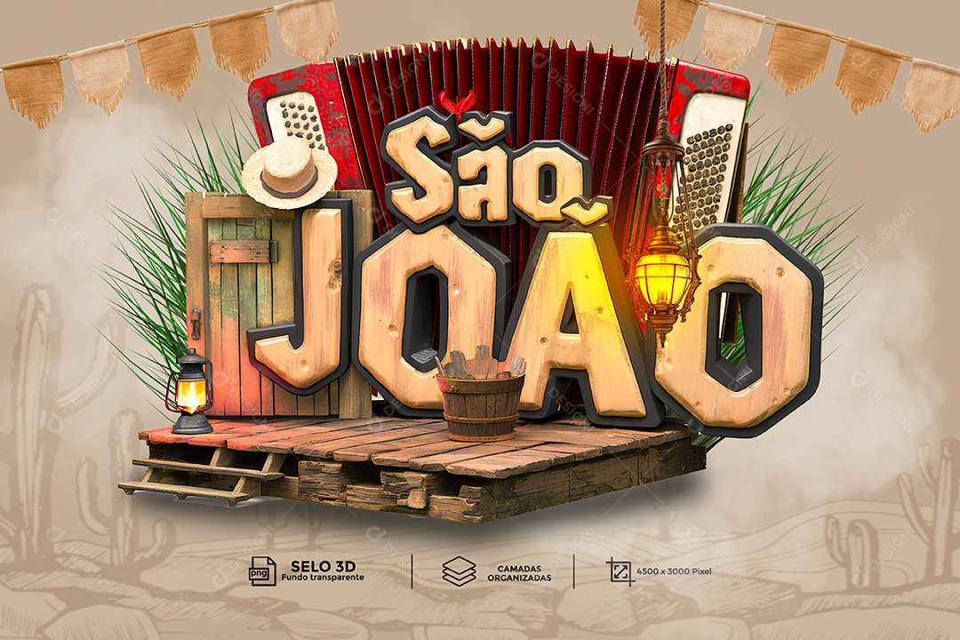 São João Selo 3D Marron e Preto para Composição PSD