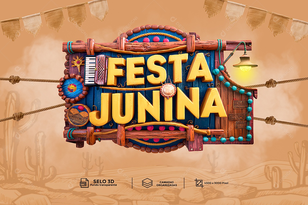 Festa Junina Selo 3D Amarelo para Composição PSD