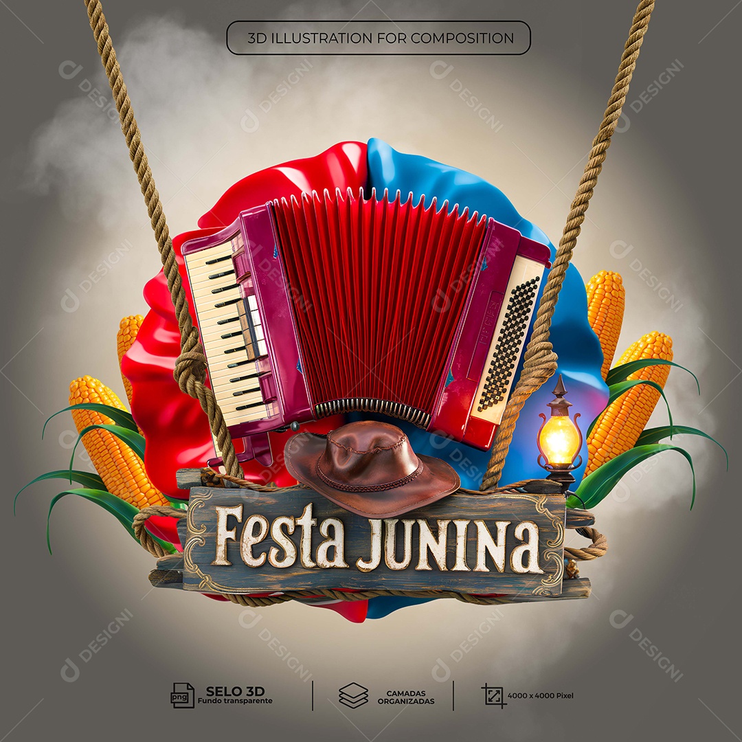 Festa Junina Selo 3D Colorido para Composição PSD