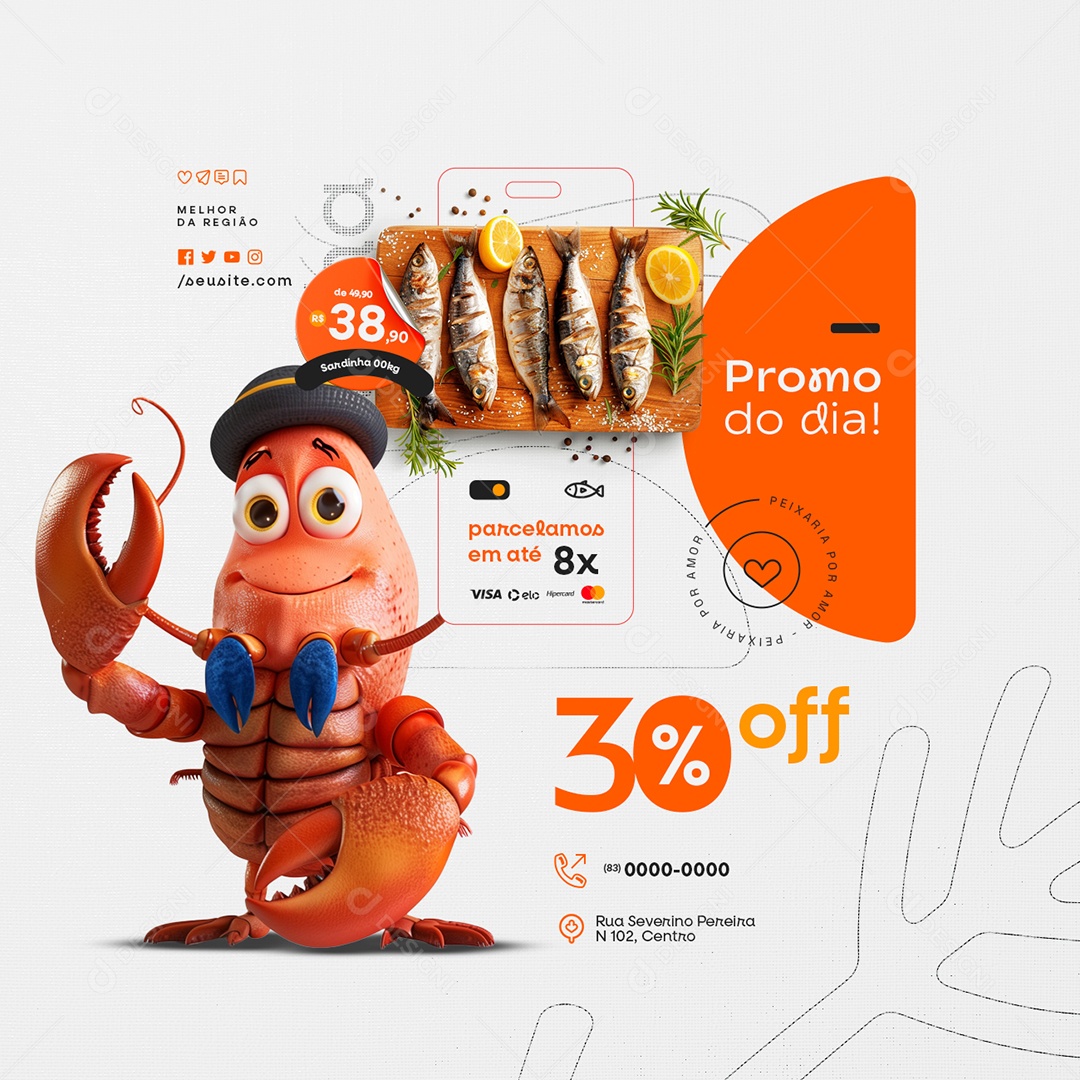 Peixaria Sardinha Promo do Dia 30% Off Social Media PSD Editável