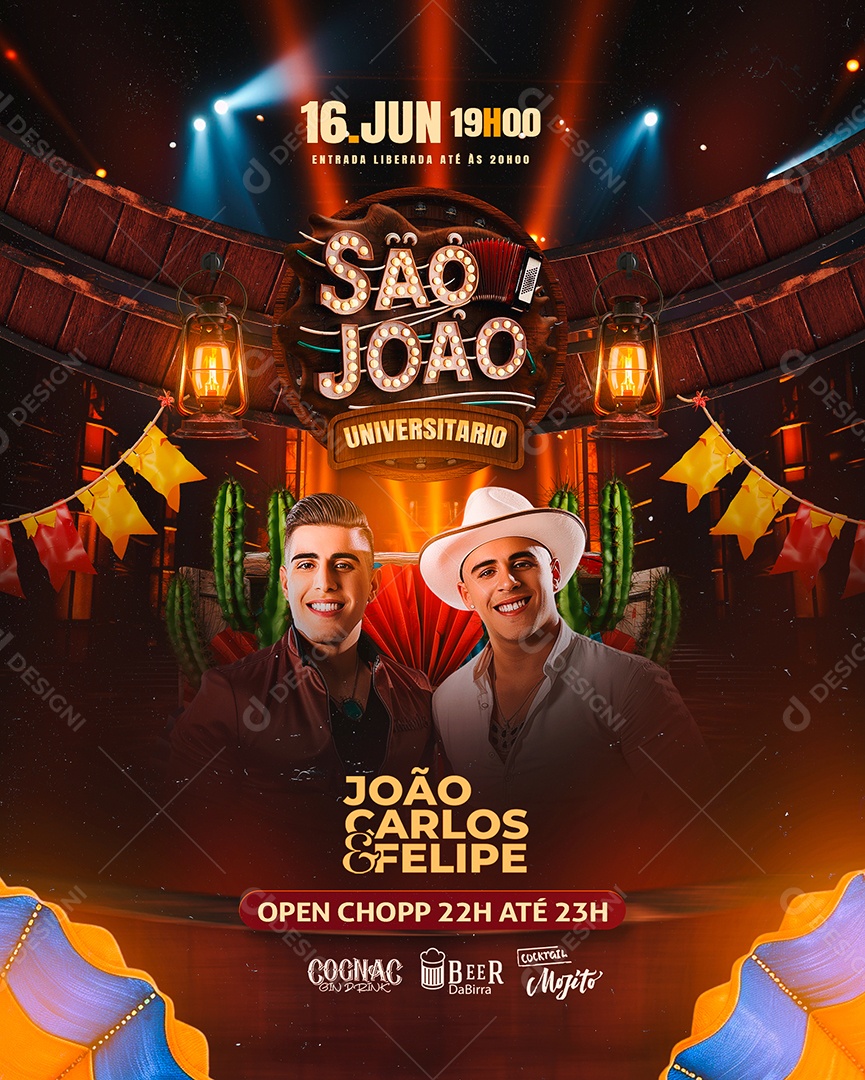 Flyer São João Universitário João Carlos e Felipe Social Media PSD Editável