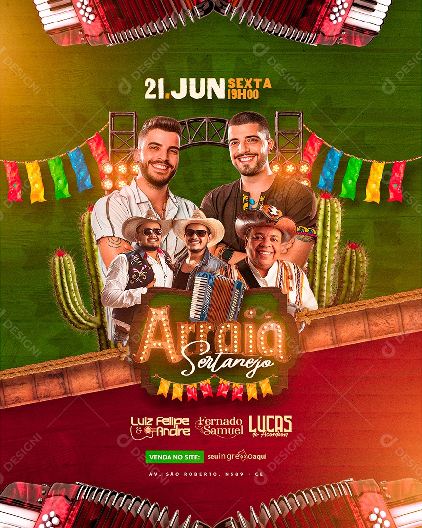 Flyer Arraiá Sertanejo Luiz Felipe e Andre Fernado e Samuel Social Media PSD Editável